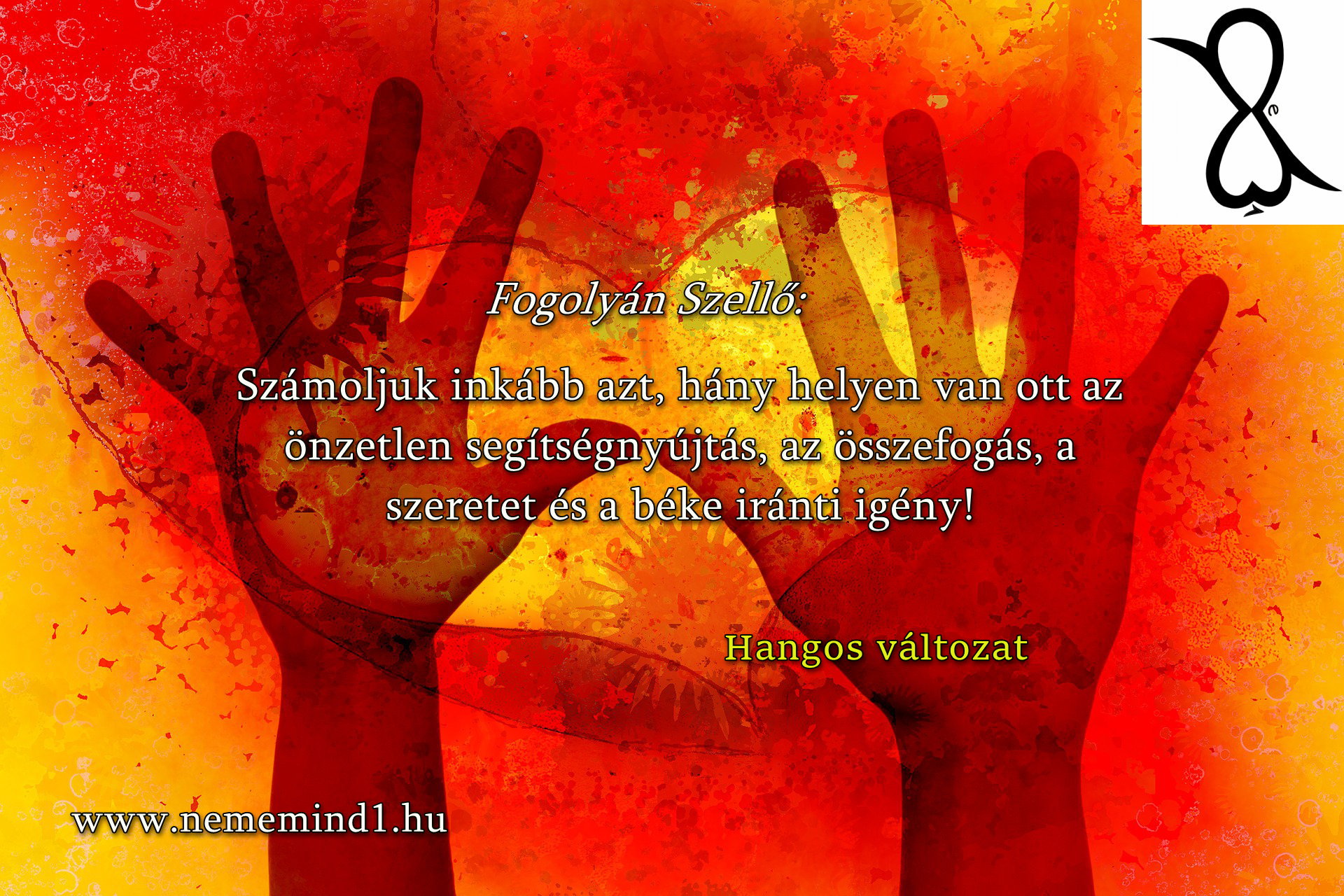 Read more about the article Hangos Fogolyán Szellő (Harangi Emese) írások 73, Számoljuk inkább azt, hány helyen van ott az önzetlen segítségnyújtás, az összefogás, a szeretet és a béke iránti igény!  /Esszé/